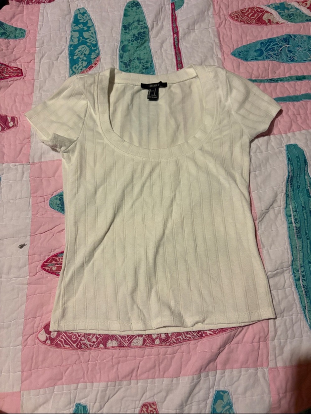 Forever 21 White Ribbed Scoop Neck Short Sleeve Top
